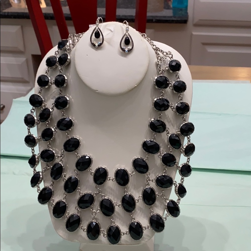 Black stone and crystal necklace and earrings